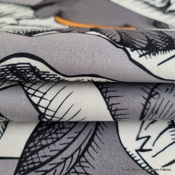 Toucans Grey 355gsm velour velvet - Image 9