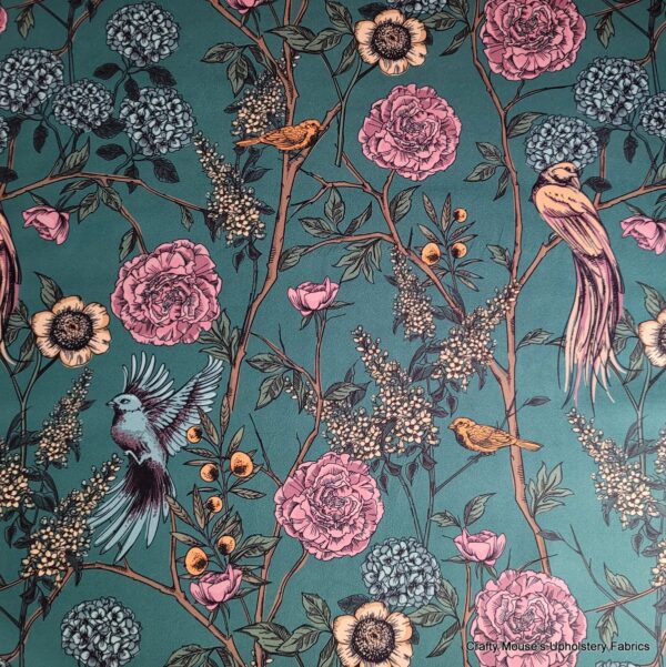 Paradise Birds Teal Green 355gsm velour velvet - Image 2