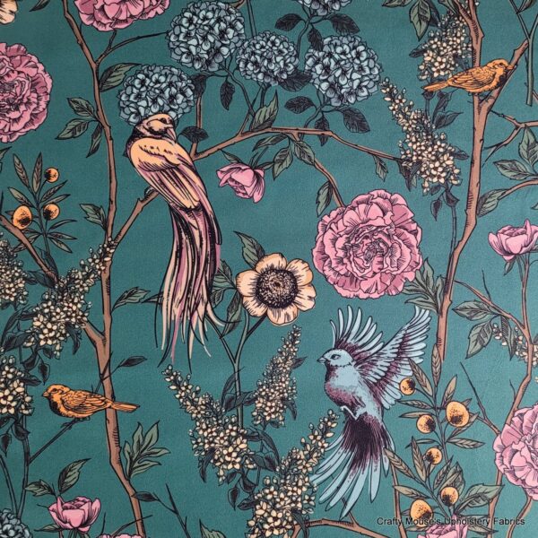 Paradise Birds Teal Green 355gsm velour velvet