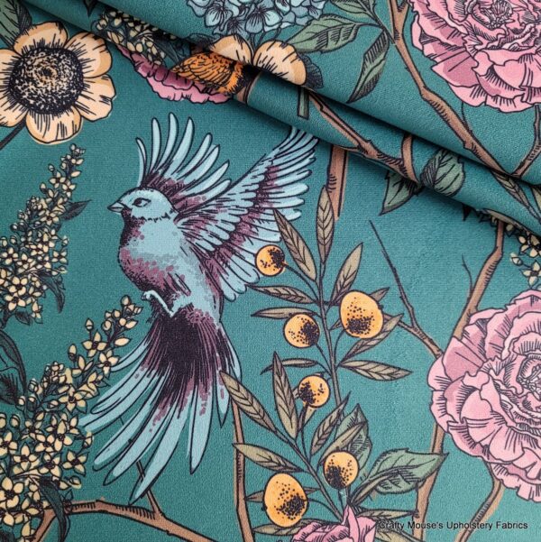 Paradise Birds Teal Green 355gsm velour velvet - Image 6