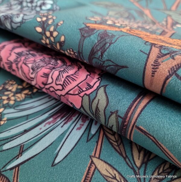 Paradise Birds Teal Green 355gsm velour velvet - Image 7