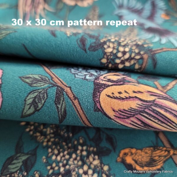 Paradise Birds Teal Green 355gsm velour velvet - Image 12